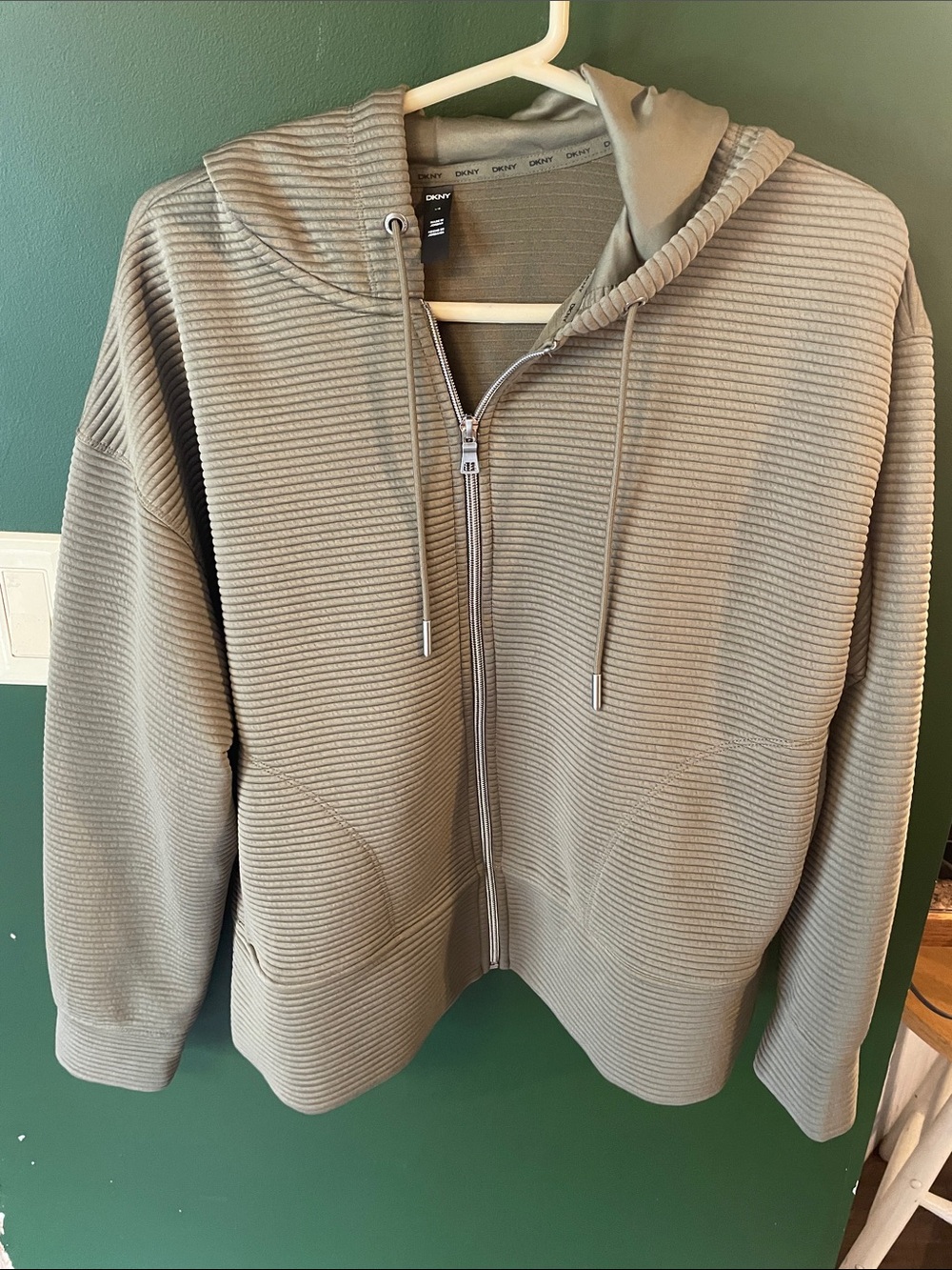 DKNY Women’s  Ribbed Zip-Up Hoodie Sweater - Beige Taupe